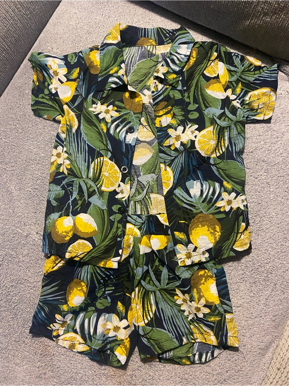 Tropical Lemon Print Short Set - Yellow & Green